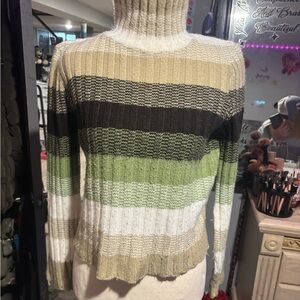 NWOT Striped Ribbed Turtleneck Sweater - Green, White & Tan